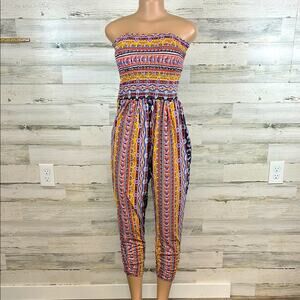 No Comment NY LA Strapless Jumpsuit Smocked Boho Ruche Ankle Size Women’s Large